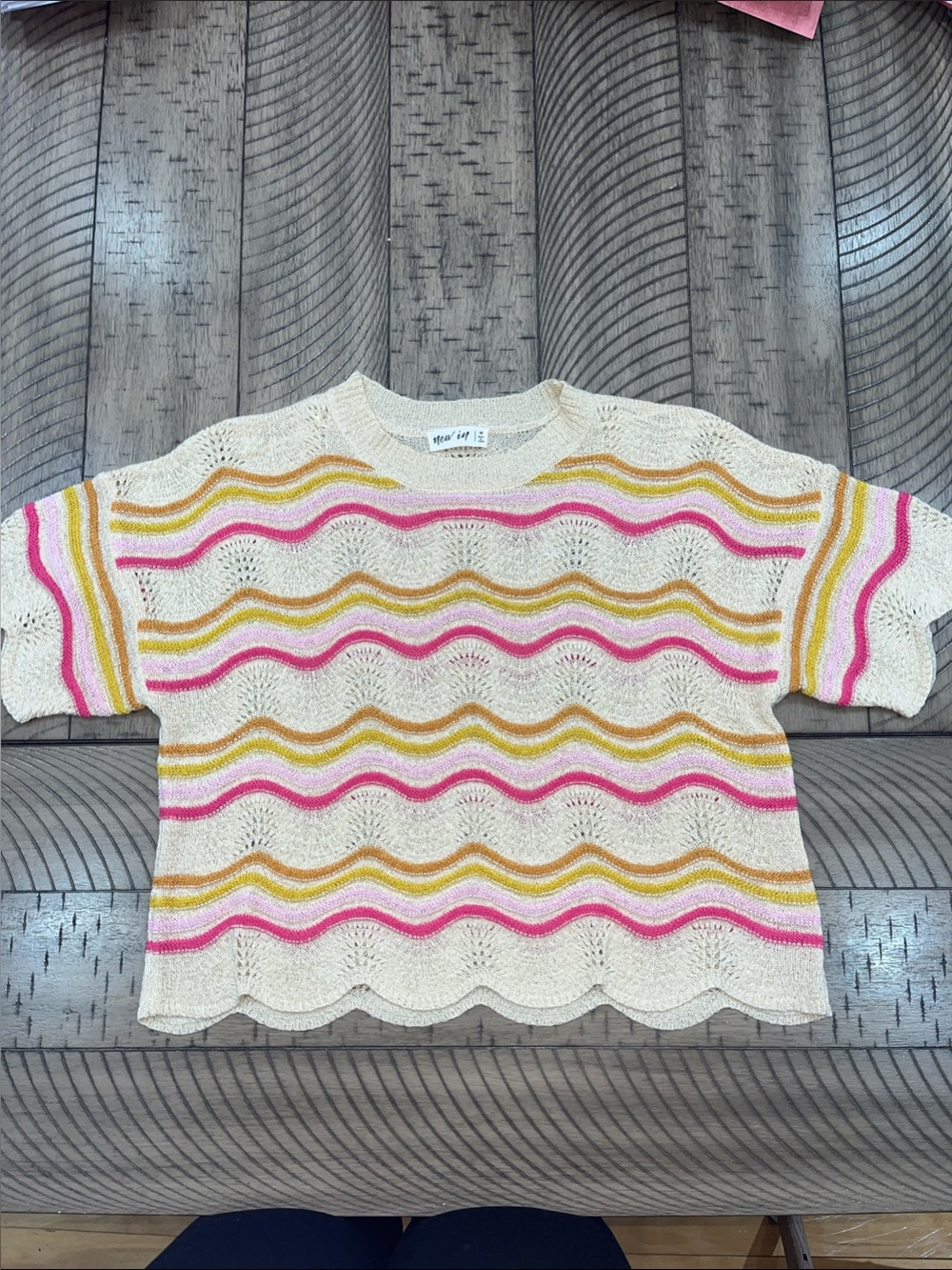 New In Medium Cream Knit Top with Pink,Orange, & Mustard Wave Stripes